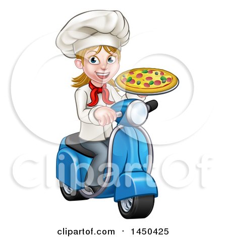 Clipart Graphic of a Cartoon Happy White Female Chef Holding a Pizza on a Scooter - Royalty Free Vector Illustration by AtStockIllustration