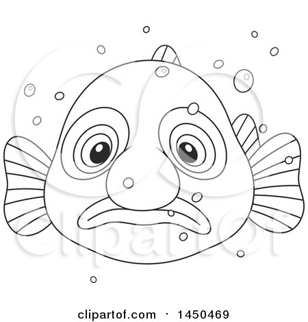 Clipart Graphic of a Cartoon Black and White Lineart Swimming Blobfish - Royalty Free Vector Illustration by Alex Bannykh