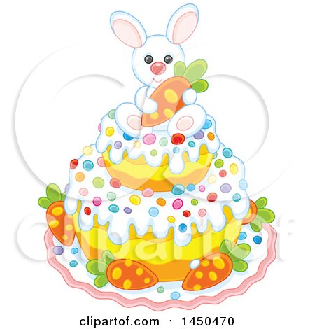 Clipart Graphic of a White Easter Bunny Holding a Carrot on Top of a Cake - Royalty Free Vector Illustration by Alex Bannykh
