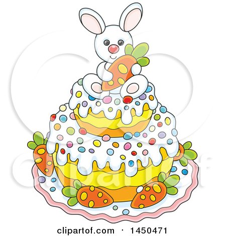 Clipart Graphic of a Cartoon Cute Easter Bunny Holding a Carrot on Top of a Cake - Royalty Free Vector Illustration by Alex Bannykh