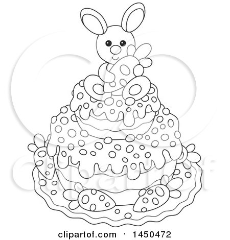 Clipart Graphic of a Cartoon Black and White Cute Easter Bunny Holding a Carrot on Top of a Cake - Royalty Free Vector Illustration by Alex Bannykh
