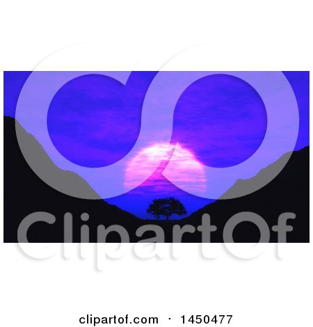 Clipart Graphic of a 3d Pink Sunset over a Silhouetted Tree and Hills - Royalty Free Illustration by KJ Pargeter
