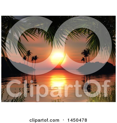 Clipart Graphic of a Sunset over the Ocean in a Tropical Bay, Framed by Palm Branches - Royalty Free Illustration by KJ Pargeter