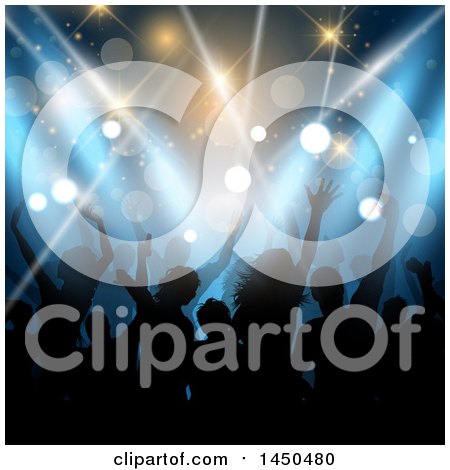 Clipart Graphic of a Crowd of Silhouetted Dancers Against Blue Lights - Royalty Free Vector Illustration by KJ Pargeter