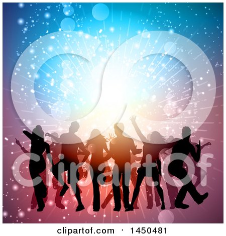 Clipart Graphic of a Crowd of Silhouetted Dancers Against a Burst and Lights - Royalty Free Vector Illustration by KJ Pargeter