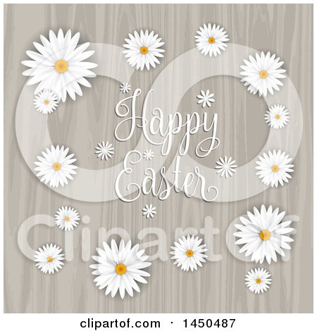 Clipart Graphic of a Happy Easter Greeting in a Frame of Daisies over Wood - Royalty Free Vector Illustration by KJ Pargeter