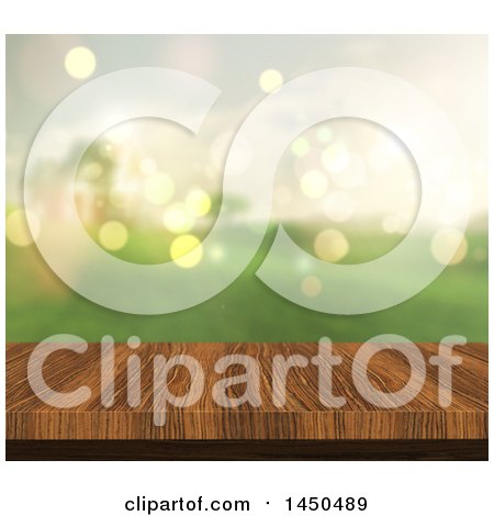 Clipart Graphic of a 3d Wooden Table Top and Blurred Green View - Royalty Free Illustration by KJ Pargeter