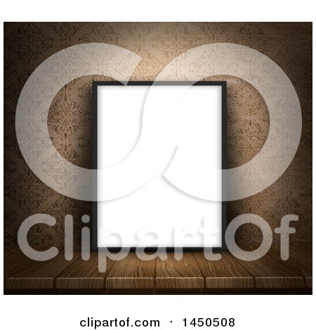 Clipart Graphic of a 3d Blank Canvas on a Wood Table, Leaning Against a Damask Wall - Royalty Free Illustration by KJ Pargeter