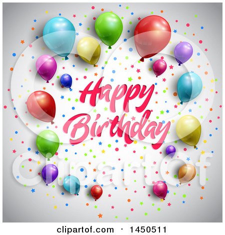 Clipart Graphic of a Happy Birthday Greeting with Colorful Party Balloons and Confetti on Gray - Royalty Free Vector Illustration by KJ Pargeter