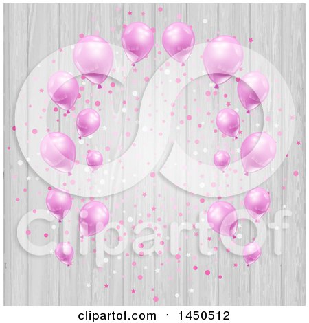 Clipart Graphic of a Frame of Pink Party Balloons and Confetti over Wood - Royalty Free Vector Illustration by KJ Pargeter