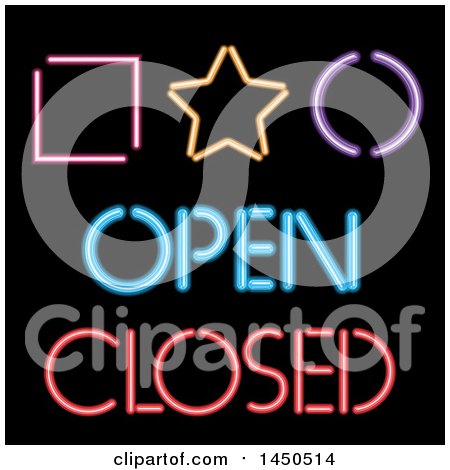 Clipart Graphic of Neon Light Shapes, Open and Closed Text on Black - Royalty Free Vector Illustration by KJ Pargeter