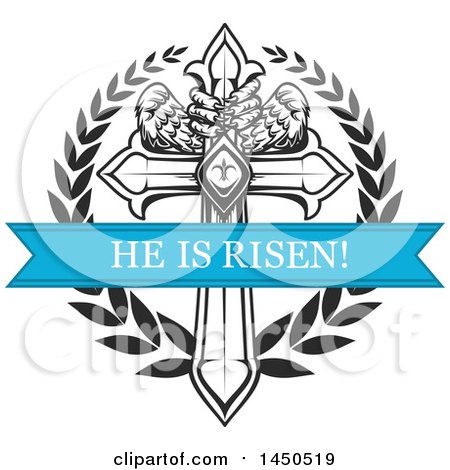 Clipart Graphic of a Black and White Cross with Eagle Talons and Wings, a Wreath and Blue He Is Risen Banner - Royalty Free Vector Illustration by Vector Tradition SM