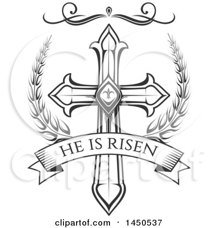 Clipart Graphic of a Black and White Cross and He Is Risen Text - Royalty Free Vector Illustration by Vector Tradition SM
