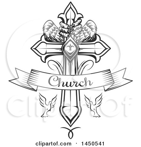 Clipart Graphic of a Black and White Cross with Eagle Talons and Wings, Doves and Church Text - Royalty Free Vector Illustration by Vector Tradition SM