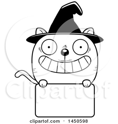 Clipart Graphic of a Cartoon Black and White Witch Cat Character Mascot over a Blank Sign - Royalty Free Vector Illustration by Cory Thoman