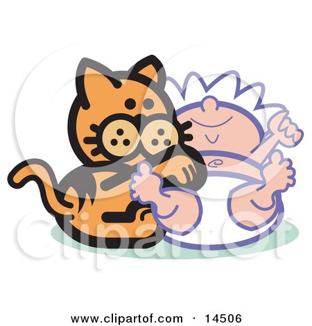 Orange Cat Playing With a Baby Clipart Illustration by Andy Nortnik