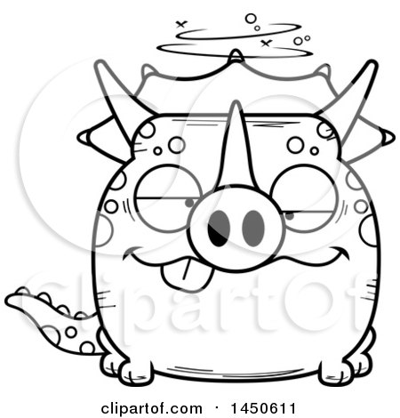 Clipart Graphic of a Cartoon Black and White Lineart Drunk Triceratops Character Mascot - Royalty Free Vector Illustration by Cory Thoman