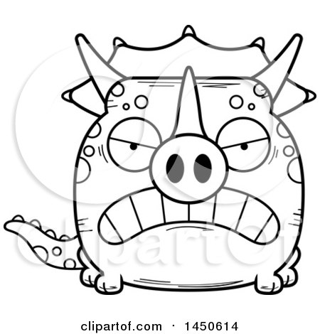 Clipart Graphic of a Cartoon Black and White Lineart Mad Triceratops Character Mascot - Royalty Free Vector Illustration by Cory Thoman