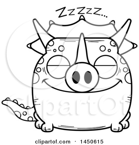 Clipart Graphic of a Cartoon Black and White Lineart Sleeping Triceratops Character Mascot - Royalty Free Vector Illustration by Cory Thoman