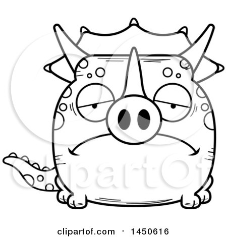 Clipart Graphic of a Cartoon Black and White Lineart Sad Triceratops Character Mascot - Royalty Free Vector Illustration by Cory Thoman