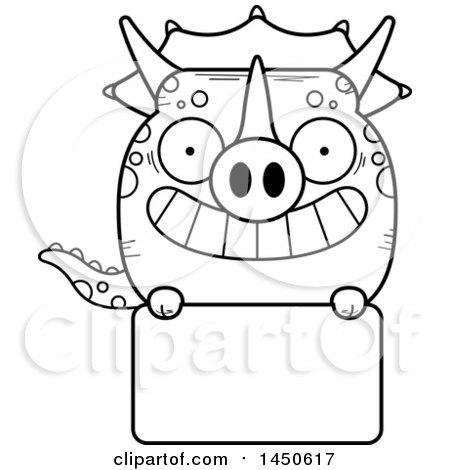 Clipart Graphic of a Cartoon Black and White Lineart Triceratops Character Mascot over a Blank Sign - Royalty Free Vector Illustration by Cory Thoman