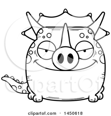Clipart Graphic of a Cartoon Black and White Lineart Sly Triceratops Character Mascot - Royalty Free Vector Illustration by Cory Thoman