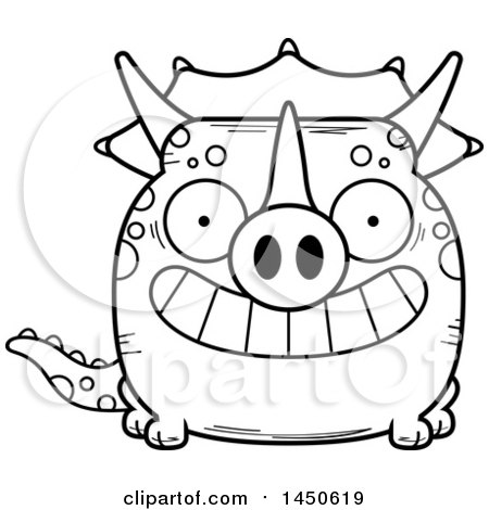 Clipart Graphic of a Cartoon Black and White Lineart Grinning Triceratops Character Mascot - Royalty Free Vector Illustration by Cory Thoman