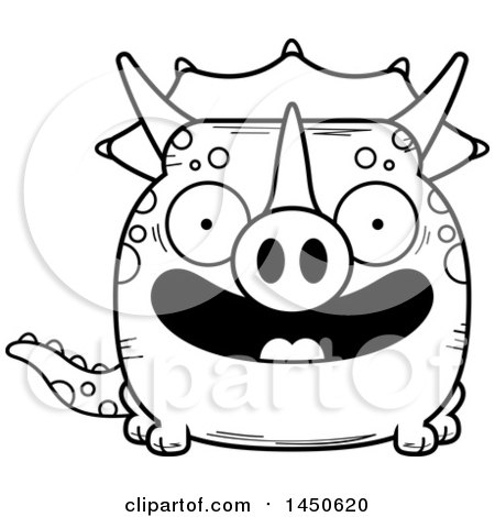 Clipart Graphic of a Cartoon Black and White Lineart Smiling Triceratops Character Mascot - Royalty Free Vector Illustration by Cory Thoman