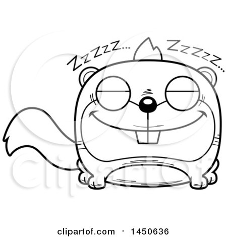 Clipart Graphic of a Cartoon Black and White Lineart Sleeping Squirrel Character Mascot - Royalty Free Vector Illustration by Cory Thoman