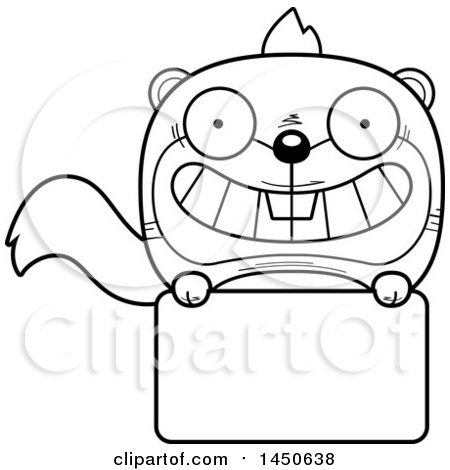 Clipart Graphic of a Cartoon Black and White Lineart Squirrel Character Mascot over a Blank Sign - Royalty Free Vector Illustration by Cory Thoman