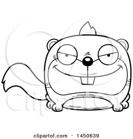 Clipart Graphic of a Cartoon Black and White Lineart Sly Squirrel Character Mascot - Royalty Free Vector Illustration by Cory Thoman