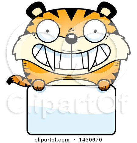 Clipart Graphic of a Cartoon Saber Toothed Tiger Character Mascot over a Blank Sign - Royalty Free Vector Illustration by Cory Thoman