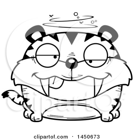 Clipart Graphic of a Cartoon Black and White Lineart Drunk Saber Toothed Tiger Character Mascot - Royalty Free Vector Illustration by Cory Thoman