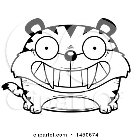 Clipart Graphic of a Cartoon Black and White Lineart Grinning Saber Toothed Tiger Character Mascot - Royalty Free Vector Illustration by Cory Thoman