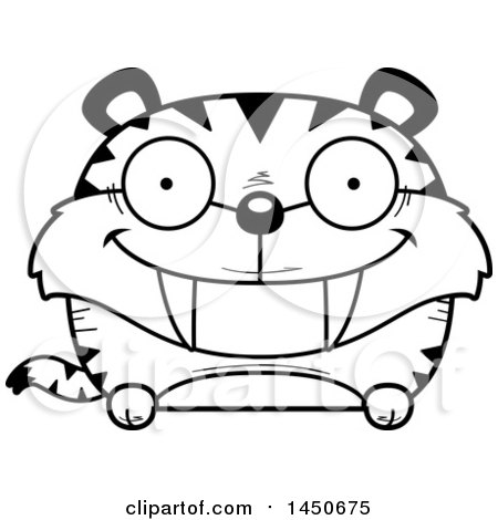 Clipart Graphic of a Cartoon Black and White Lineart Happy Saber Toothed Tiger Character Mascot - Royalty Free Vector Illustration by Cory Thoman