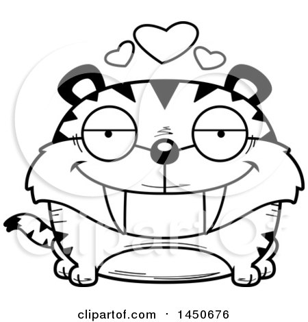 Clipart Graphic of a Cartoon Black and White Lineart Loving Saber Toothed Tiger Character Mascot - Royalty Free Vector Illustration by Cory Thoman