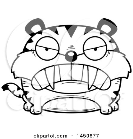 Clipart Graphic of a Cartoon Black and White Lineart Mad Saber Toothed Tiger Character Mascot - Royalty Free Vector Illustration by Cory Thoman