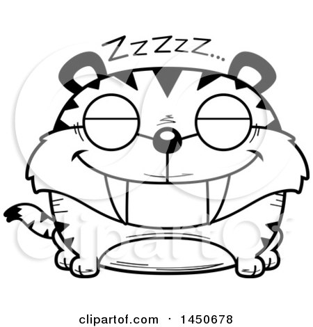 Clipart Graphic of a Cartoon Black and White Lineart Sleeping Saber Toothed Tiger Character Mascot - Royalty Free Vector Illustration by Cory Thoman