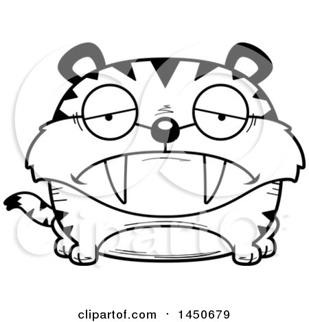 Clipart Graphic of a Cartoon Black and White Lineart Sad Saber Toothed Tiger Character Mascot - Royalty Free Vector Illustration by Cory Thoman