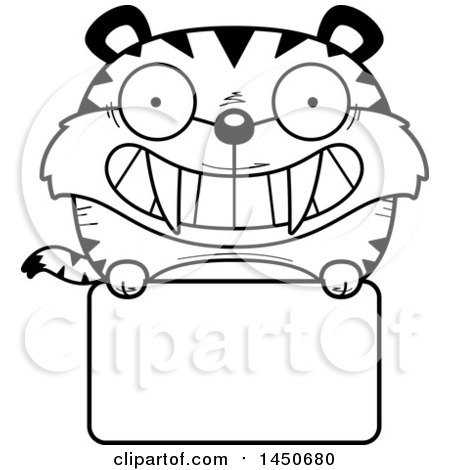 Clipart Graphic of a Cartoon Black and White Lineart Saber Toothed Tiger Character Mascot over a Blank Sign - Royalty Free Vector Illustration by Cory Thoman