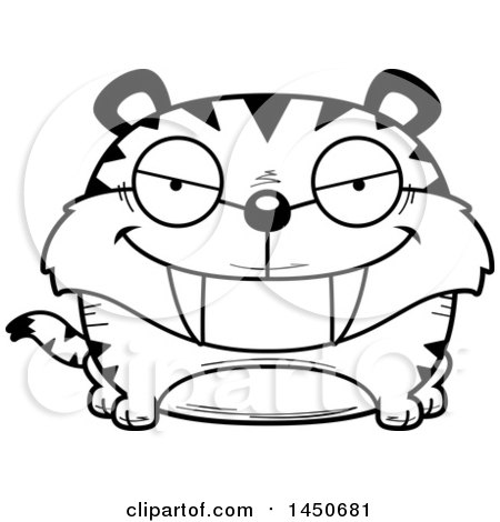 Clipart Graphic of a Cartoon Black and White Lineart Sly Saber Toothed Tiger Character Mascot - Royalty Free Vector Illustration by Cory Thoman