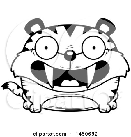Clipart Graphic of a Cartoon Black and White Lineart Smiling Saber Toothed Tiger Character Mascot - Royalty Free Vector Illustration by Cory Thoman