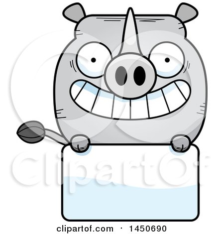 Clipart Graphic of a Cartoon Rhinoceros Character Mascot over a Blank Sign - Royalty Free Vector Illustration by Cory Thoman
