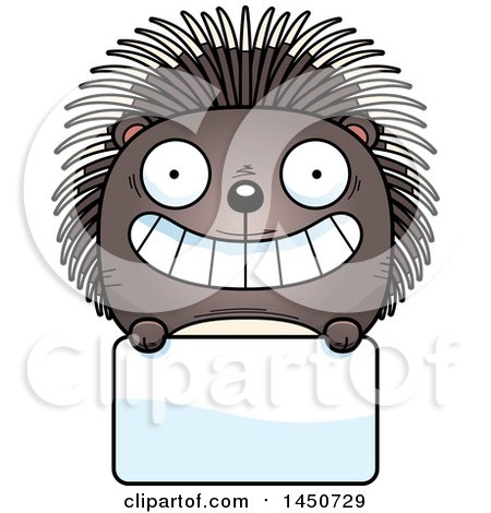 Clipart Graphic of a Cartoon Porcupine Character Mascot over a Blank Sign - Royalty Free Vector Illustration by Cory Thoman