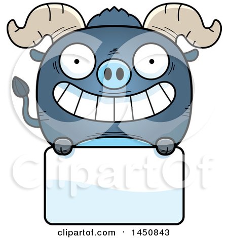 Clipart Graphic of a Cartoon Blue Ox Character Mascot over a Blank Sign - Royalty Free Vector Illustration by Cory Thoman