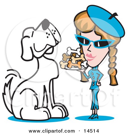 Big Spoiled White Dog Waiting as a Woman Serves Him a Tray of Dog Bone Biscuits Clipart Illustration by Andy Nortnik