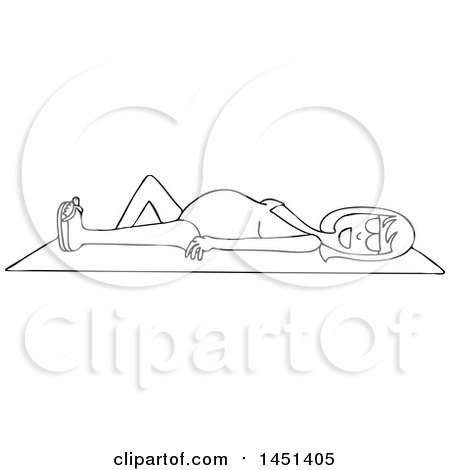 Clipart Graphic of a Cartoon Black and White Lineart Happy Pregnant Woman Sun Bathing on a Beach Towel - Royalty Free Vector Illustration by djart