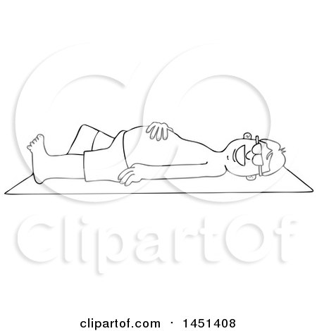 Clipart Graphic of a Cartoon Black and White Lineart Happy Man Sun Bathing on a Beach Towel - Royalty Free Vector Illustration by djart