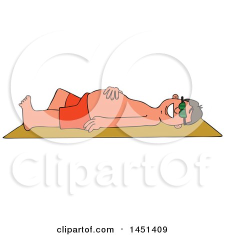 Clipart Graphic of a Cartoon Happy White Man Sun Bathing on a Beach Towel - Royalty Free Vector Illustration by djart