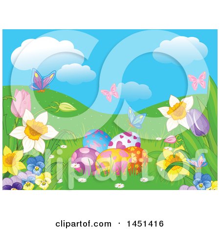 Clipart Graphic of a Spring Background of Butterflies, Flowers and Easter Eggs with Hills - Royalty Free Vector Illustration by Pushkin